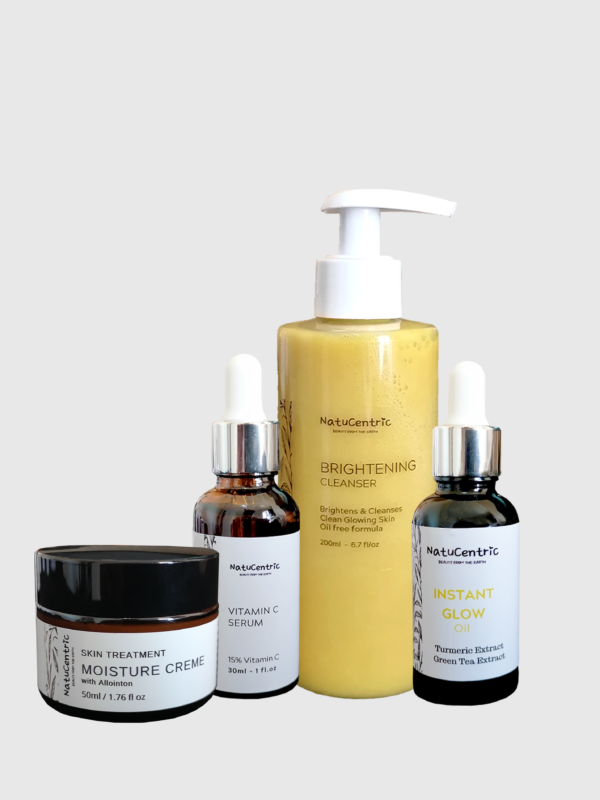 The Glow Pack, Brightening cleanser,  Instant glow oil,  Moisture Cream,  vitamin c serum